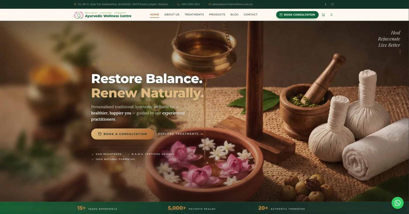 Ayurveda Wellness Centre website, built by Aurexis